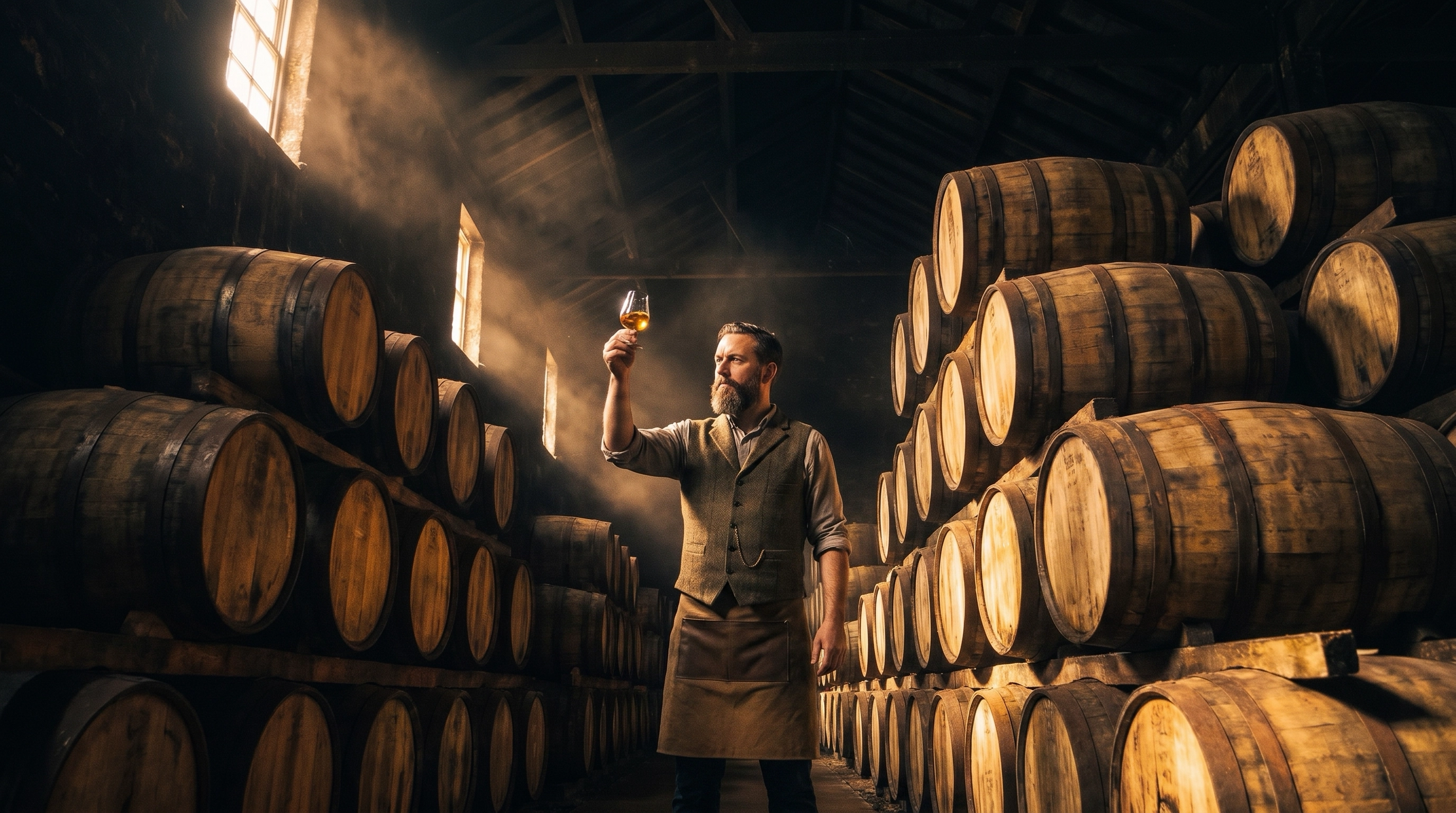 Oak whisky casks resting in a dark maturation warehouse