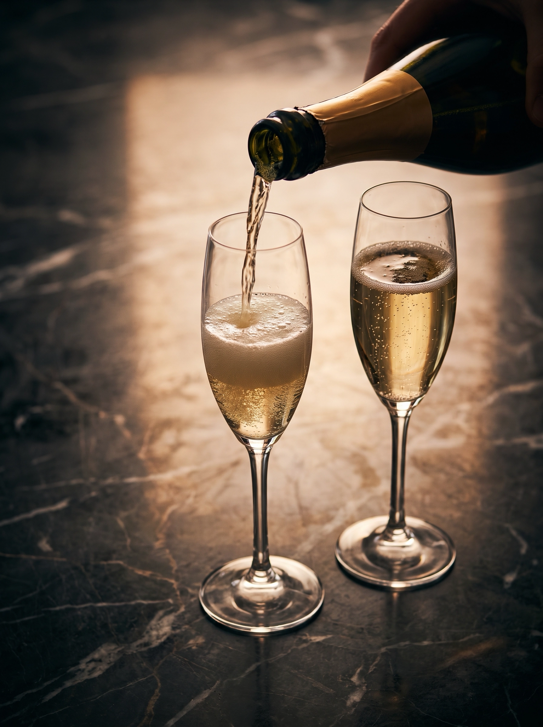 Champagne being poured into a crystal flute in golden light