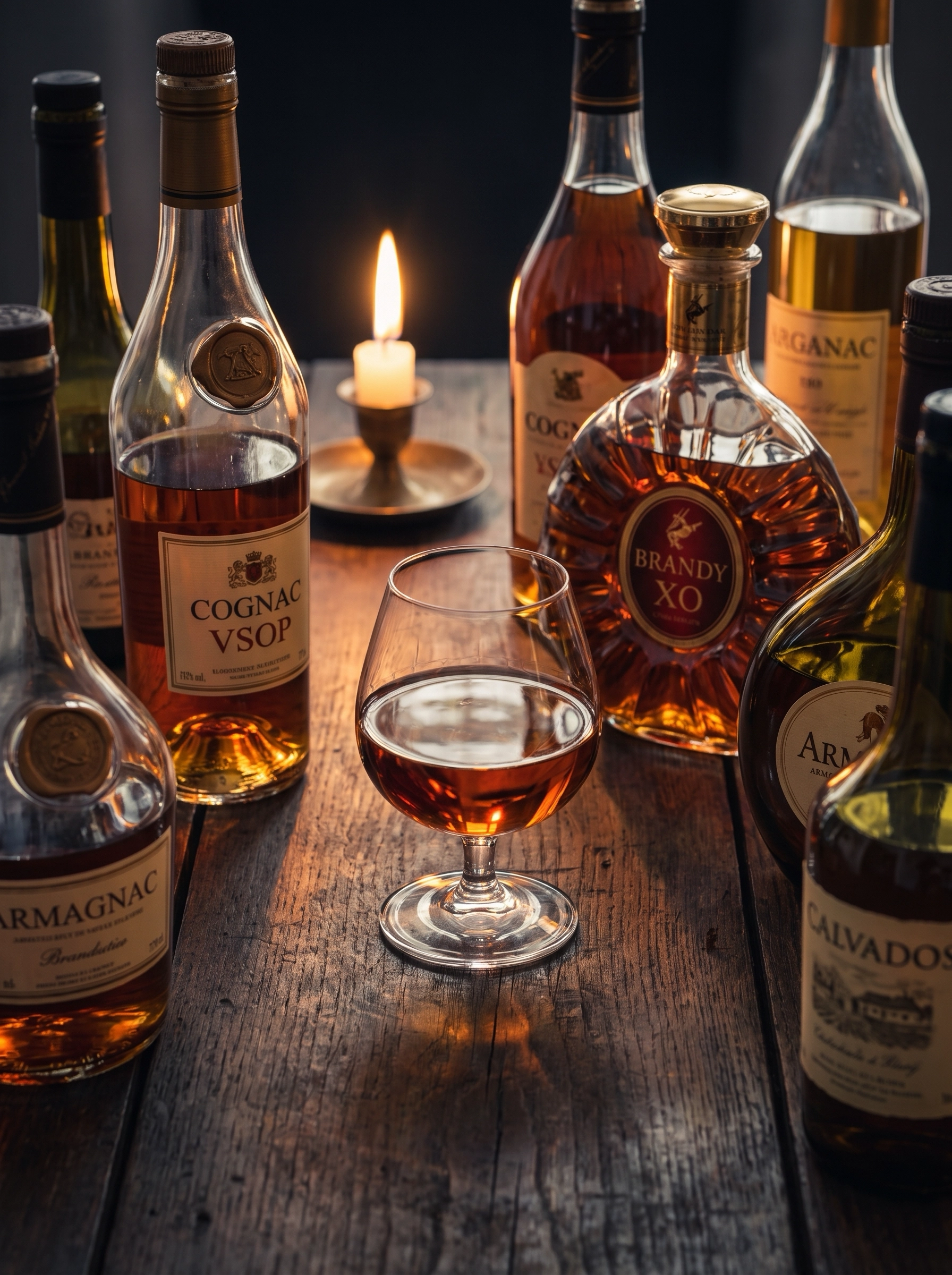 Brandy glass with amber spirit lit by candlelight